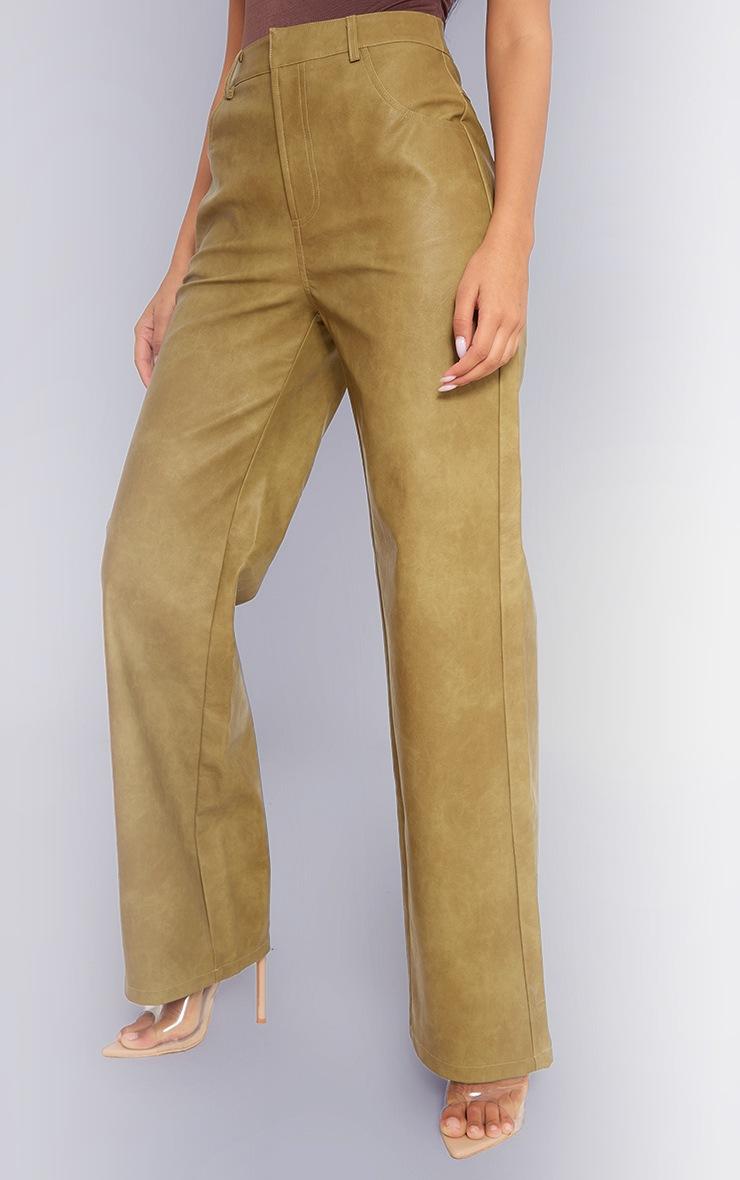 Pretty Little Thing Premium Olive Washed Faux Leather Straight Leg Pants