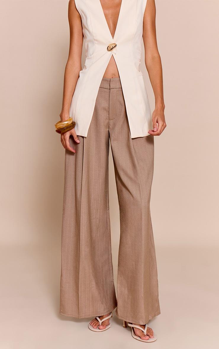 Pretty Little Thing Premium Taupe Woven Pinstripe Tailored Straight Leg Pants