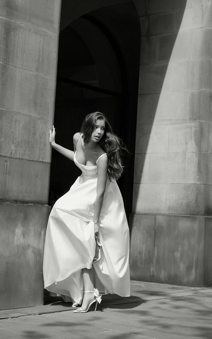 Pretty Little Thing Premium White Satin Corset Skater Maxi Dress