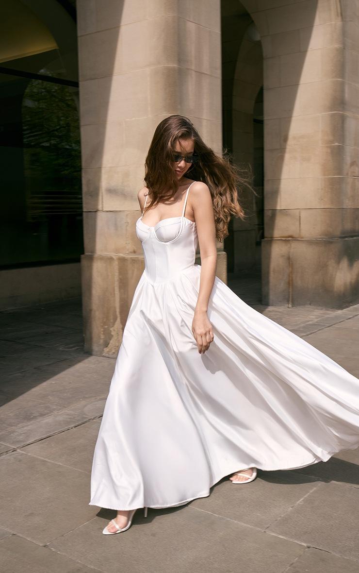 Pretty Little Thing Premium White Satin Corset Skater Maxi Dress