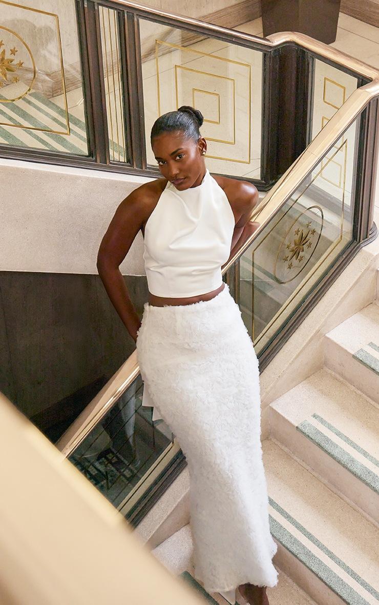 Pretty Little Thing Premium White Satin High Neck Cowl Top