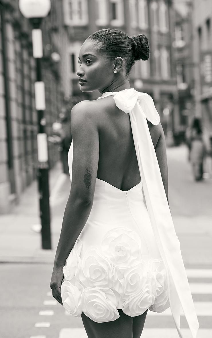 Pretty Little Thing Premium White Woven Floral Ruffle Detail High Neck Cowl Bodycon Dress