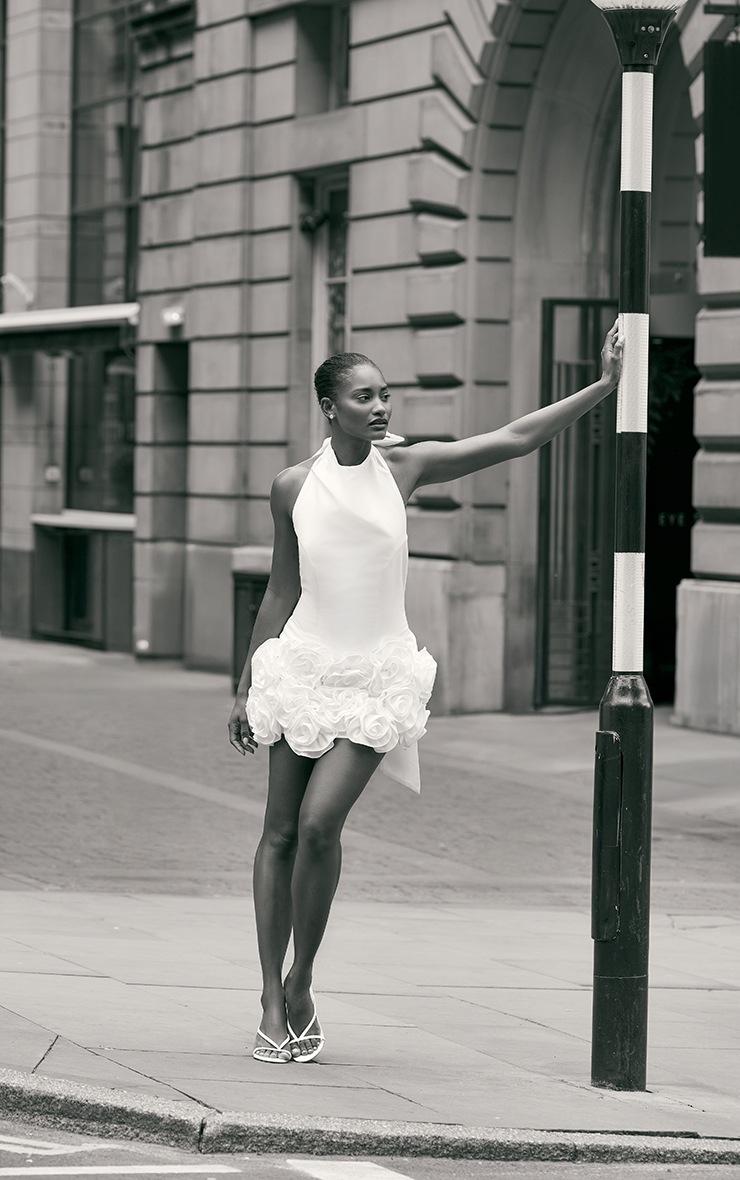 Pretty Little Thing Premium White Woven Floral Ruffle Detail High Neck Cowl Bodycon Dress