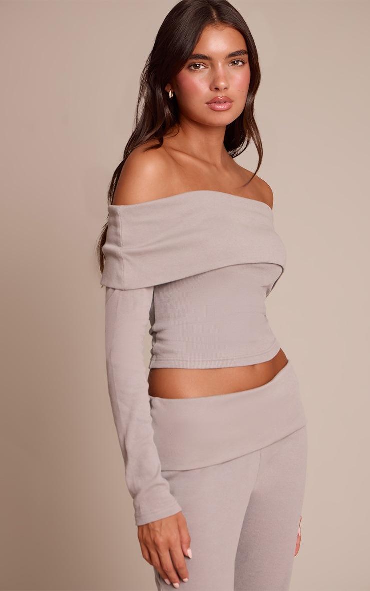 Pretty Little Thing Ash Grey Fold Over Bardot Top