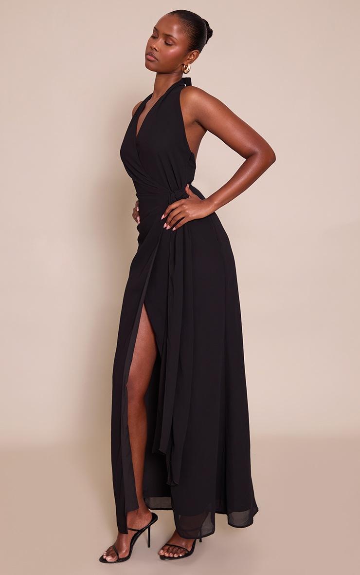 Pretty Little Thing Black Chiffon Tie Maxi Dress