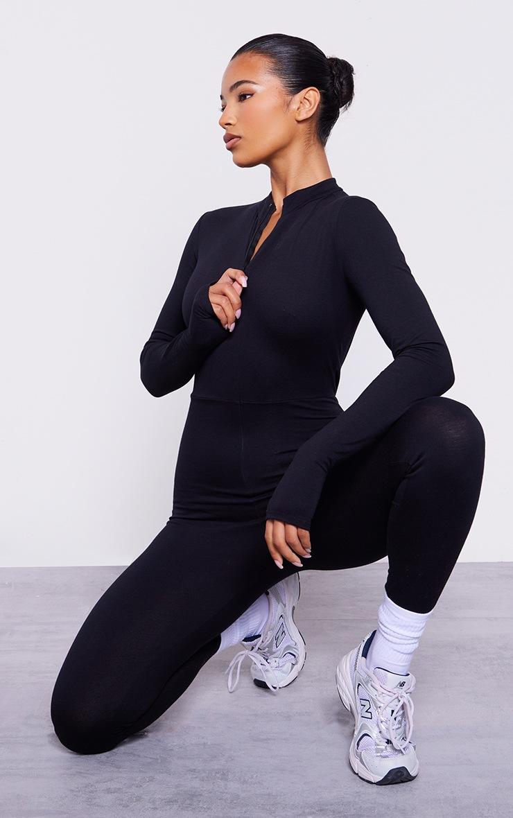 Pretty Little Thing Black Cotton Zip Front Catsuit