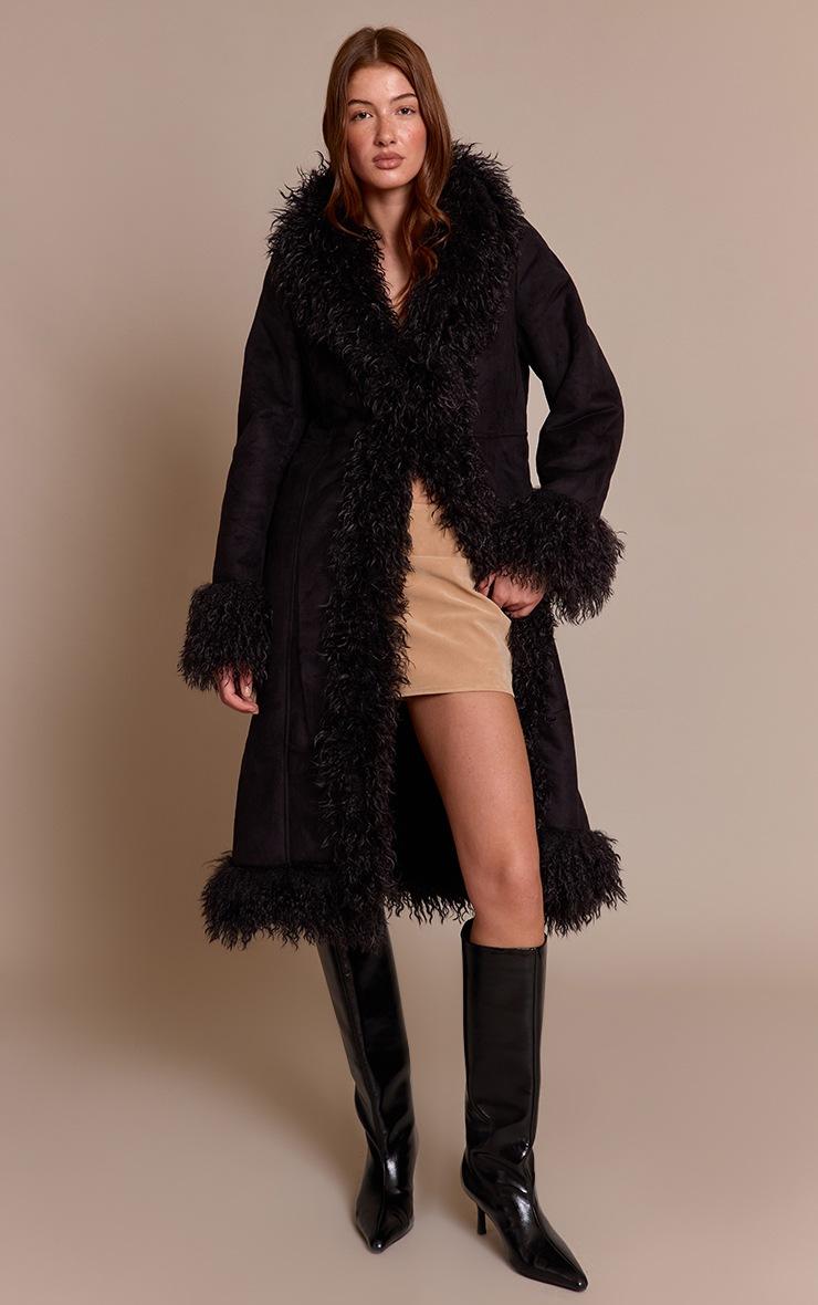 Pretty Little Thing Black Faux Fur Trim Maxi Coat