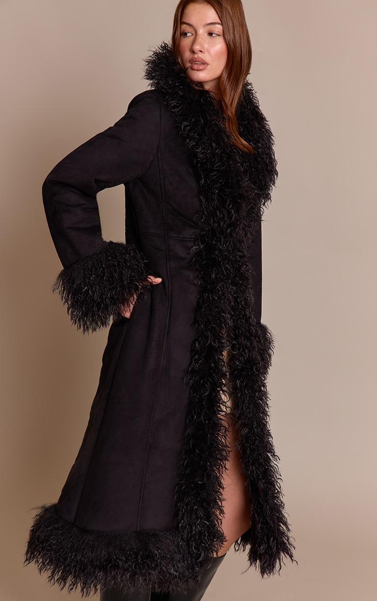 Pretty Little Thing Black Faux Fur Trim Maxi Coat