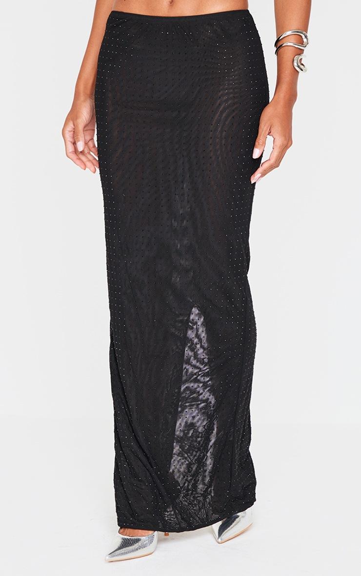 Pretty Little Thing Black Hot Fix Mesh Maxi Skirt
