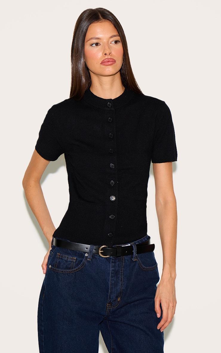 Pretty Little Thing Black Knit Button Through Top