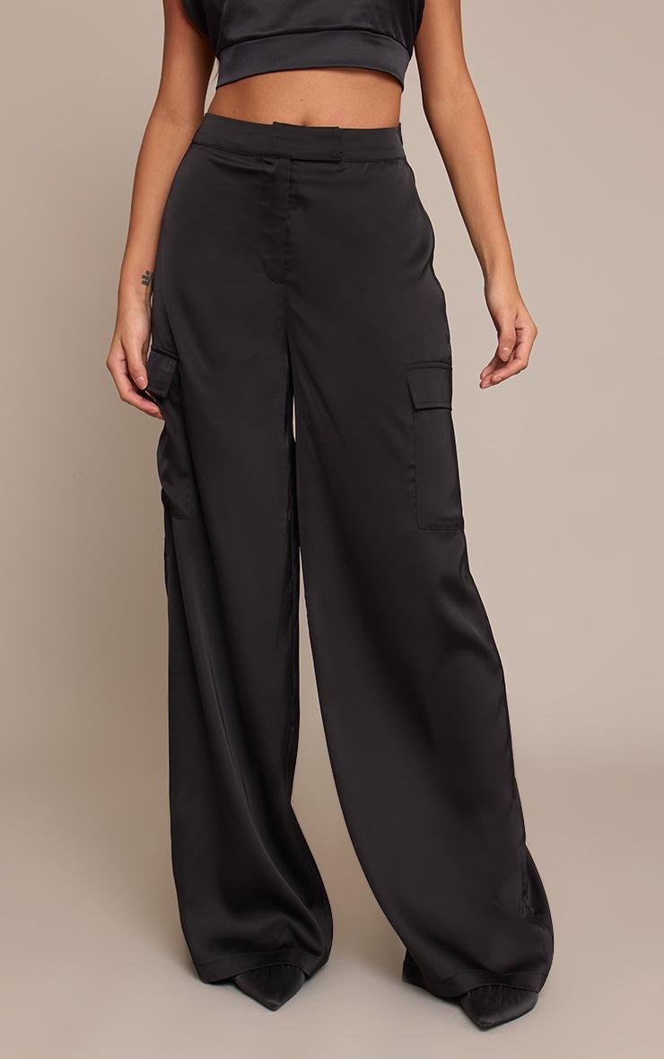 Pretty Little Thing Black Satin Wide Leg Cargos