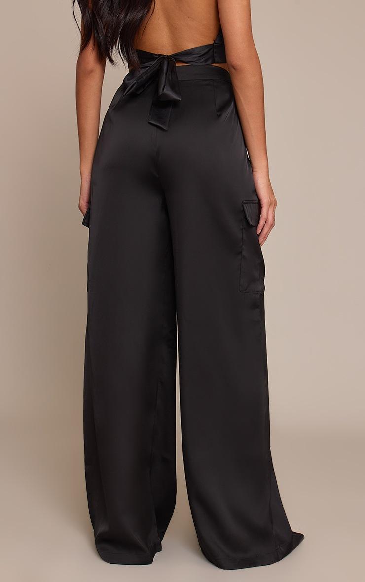 Pretty Little Thing Black Satin Wide Leg Cargos