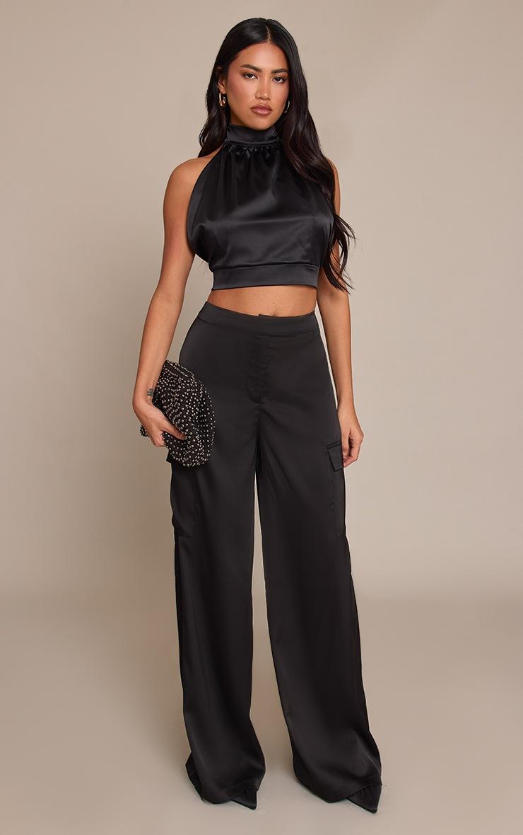 Pretty Little Thing Black Satin Wide Leg Cargos