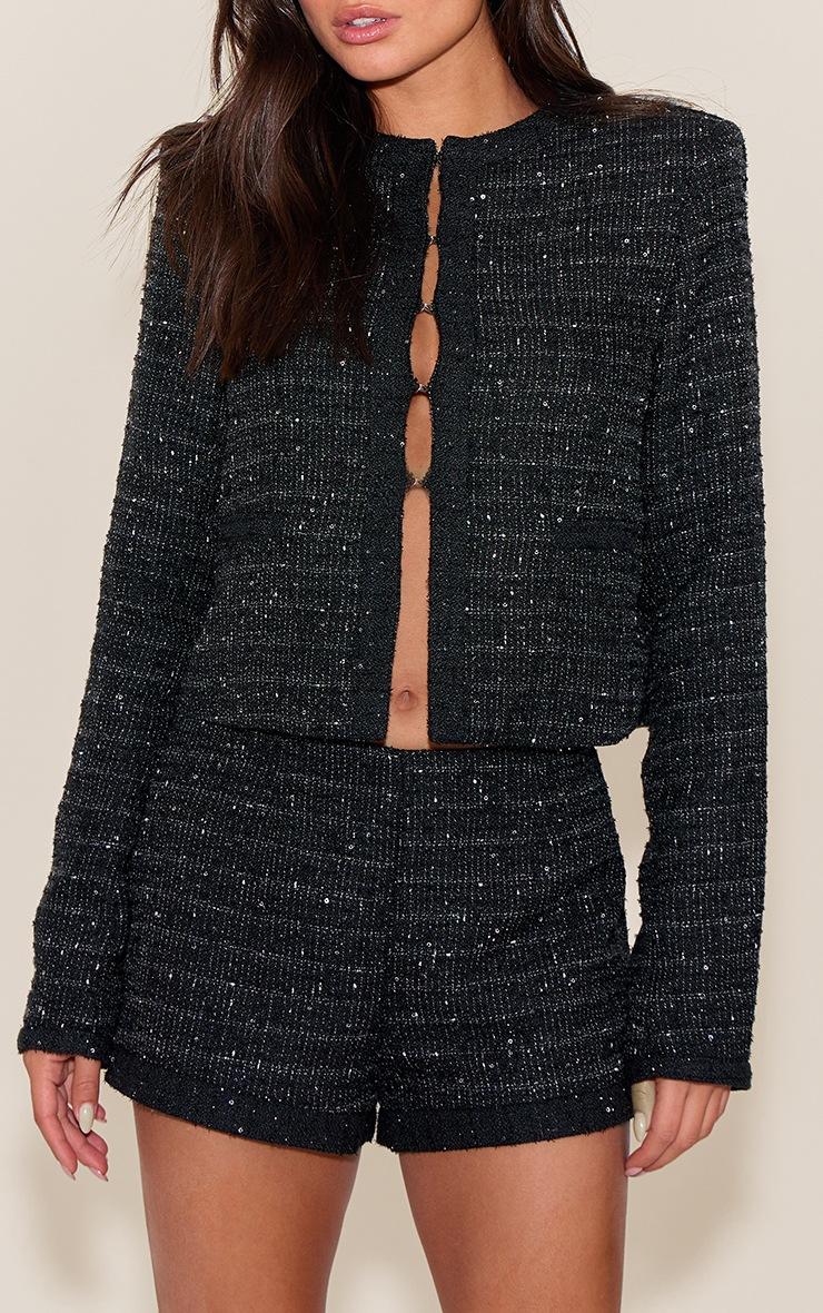 Pretty Little Thing Black Sequin Boucle Hot Pants