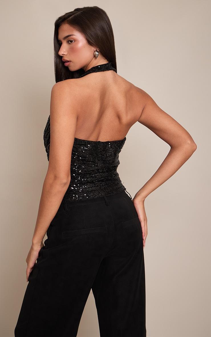 Pretty Little Thing Black Sequin Halter Neck Top