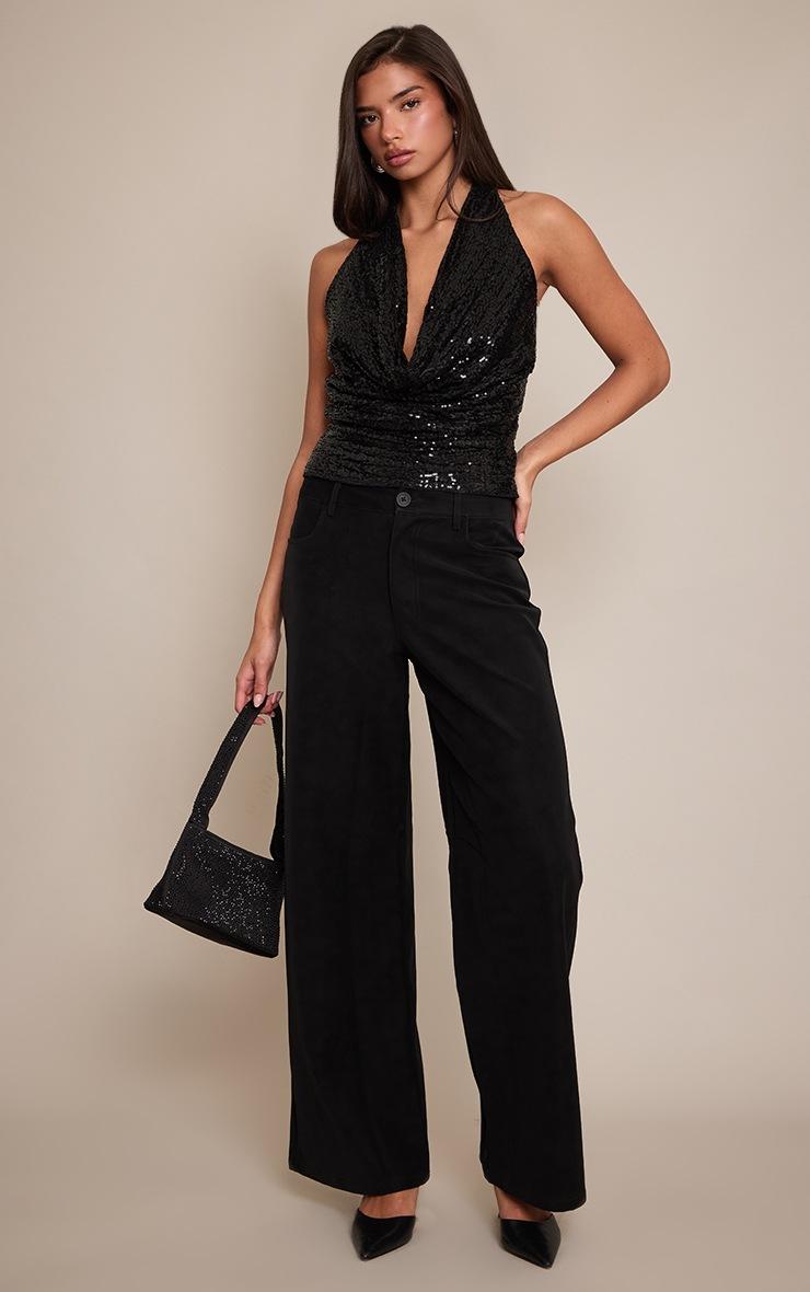 Pretty Little Thing Black Sequin Halter Neck Top