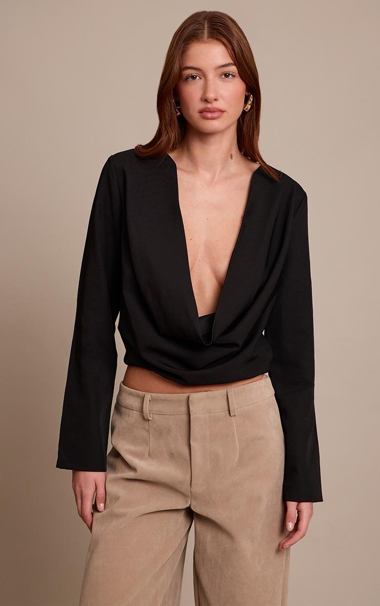 Pretty Little Thing Black Woven Drape Plunge Top