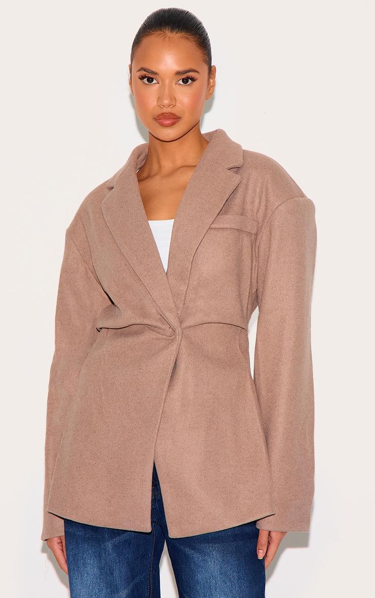 Pretty Little Thing Brown Wool Look Cinched Blazer