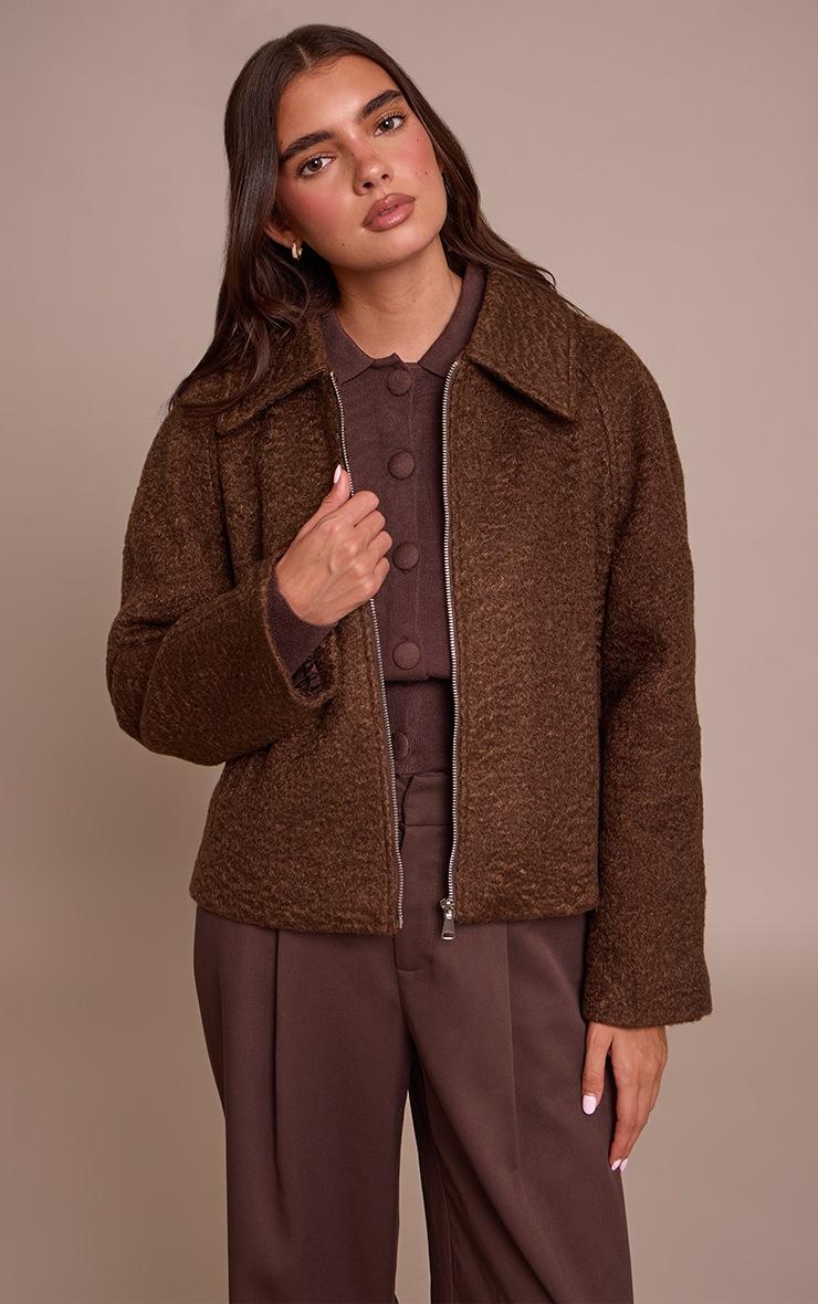 Pretty Little Thing Chocolate Boucle Zip Up Jacket