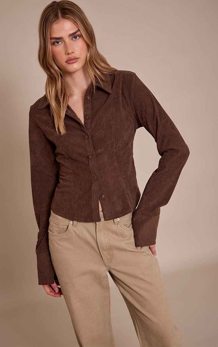 Pretty Little Thing Chocolate Cord Fitted Shirt