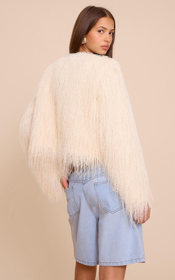 Pretty Little Thing Cream Collarless Fringe Jacket