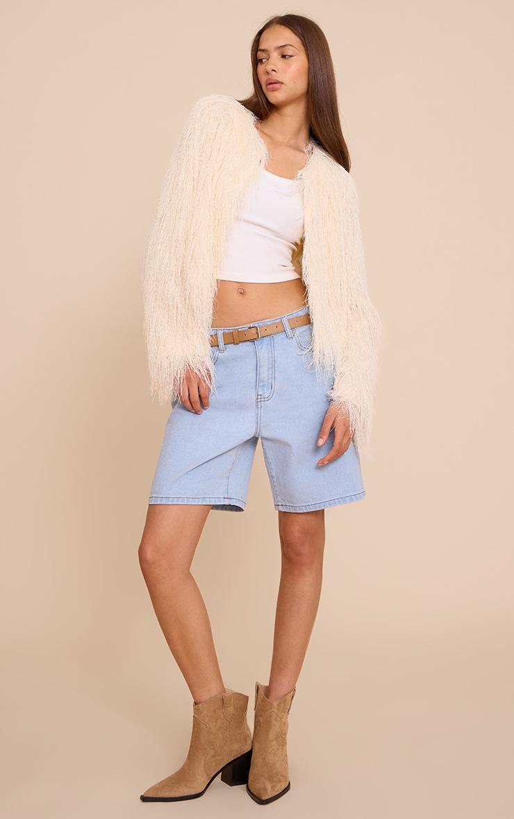 Pretty Little Thing Cream Collarless Fringe Jacket