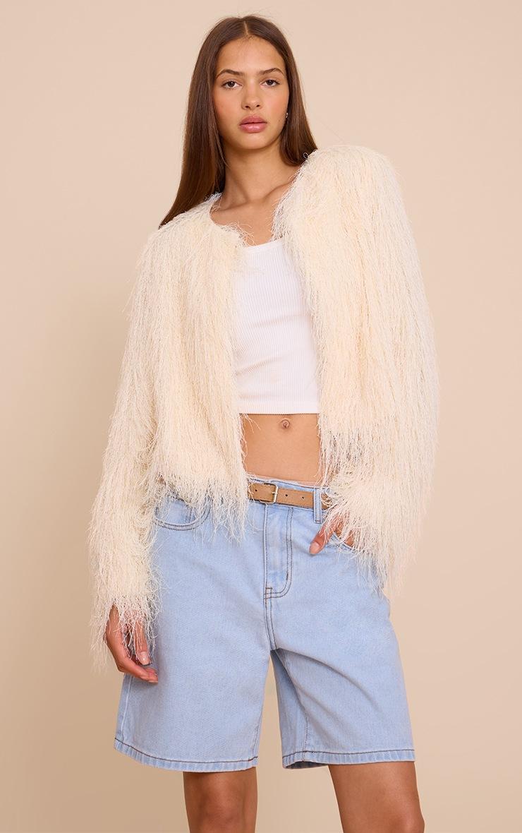 Pretty Little Thing Cream Collarless Fringe Jacket