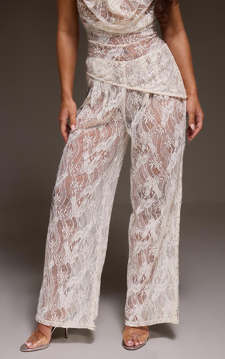 Pretty Little Thing Cream Lace Sequin Sheer Pants