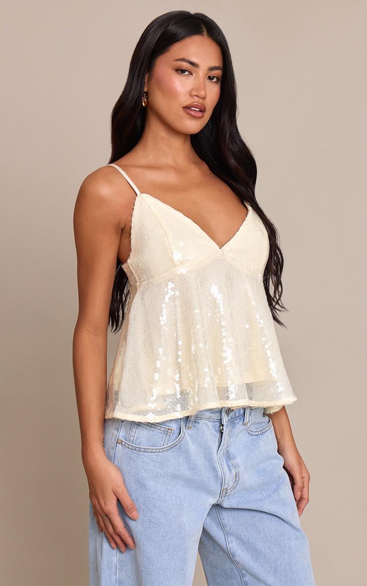 Pretty Little Thing Cream Sequin Floaty Cami Top