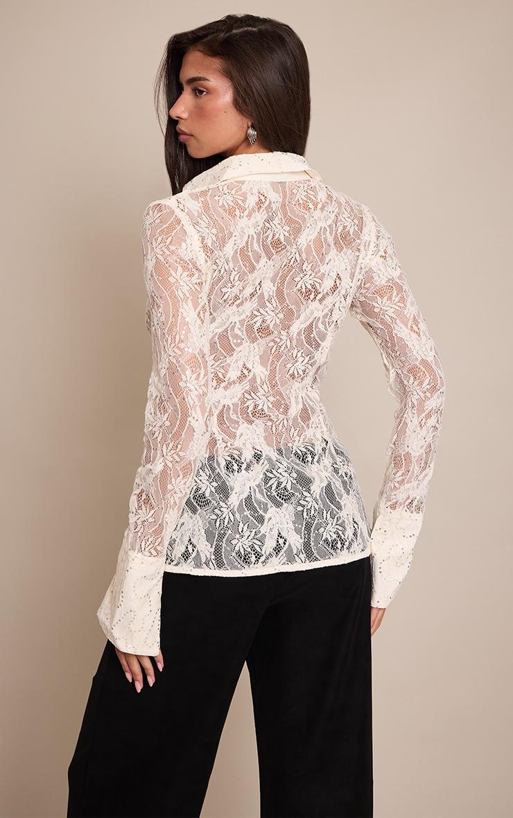 Pretty Little Thing Cream Sequin Lace Fitted Shirt