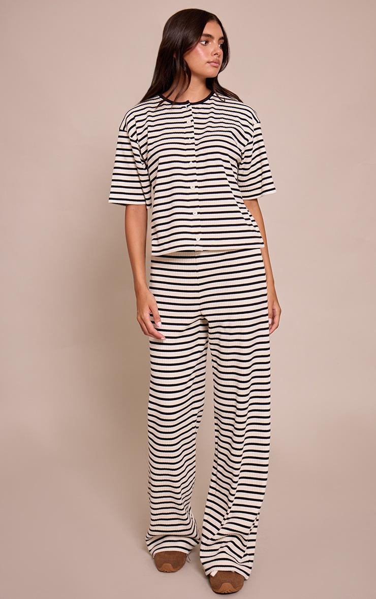 Pretty Little Thing Cream Stripe Rib Wide Leg Pant