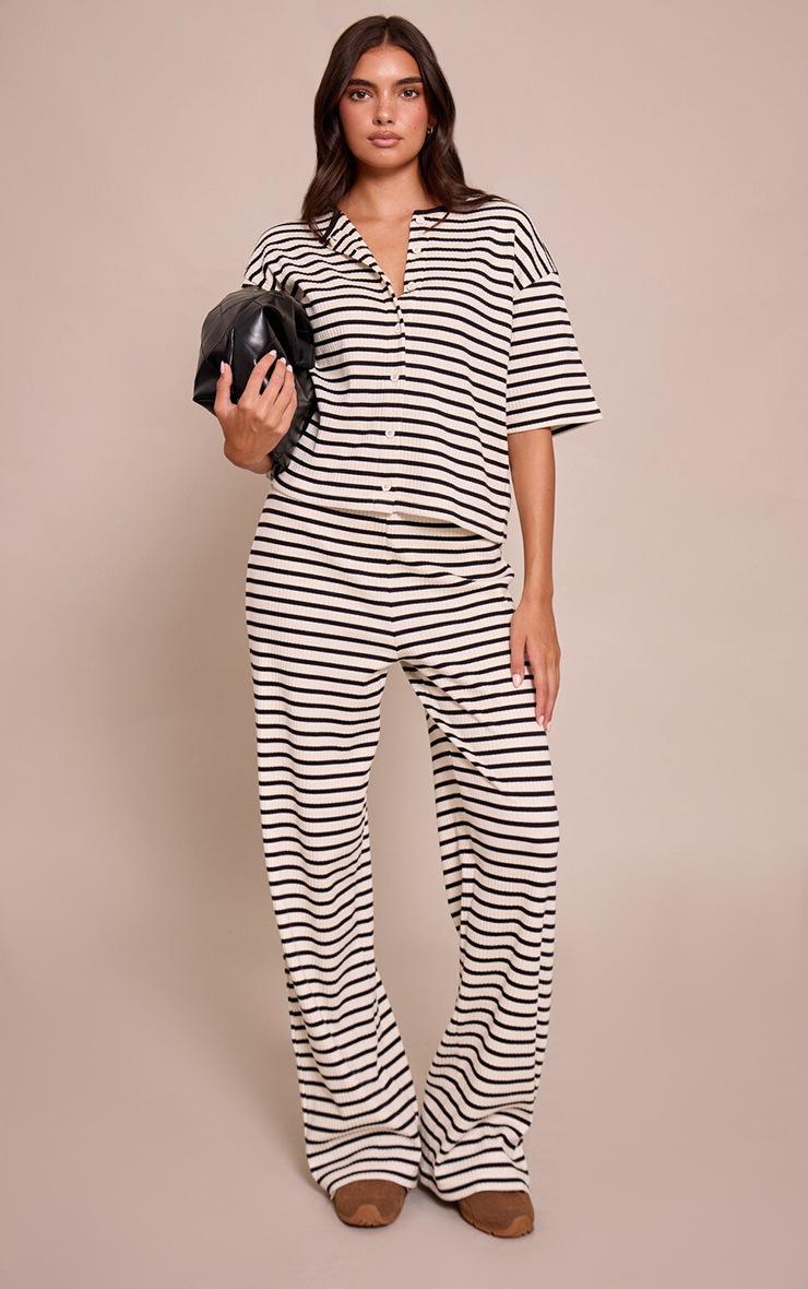 Pretty Little Thing Cream Stripe Rib Wide Leg Pant