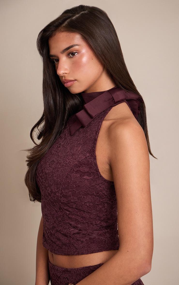 Pretty Little Thing Dark Wine Bow Detail Lace Top