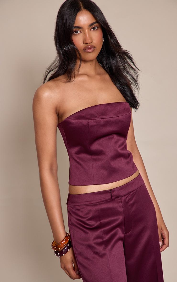 Pretty Little Thing Dark Wine Satin Bandeau Top