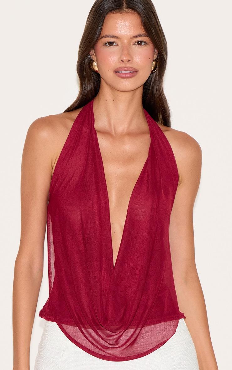 Pretty Little Thing Deep Red Mesh Halter Neck Top