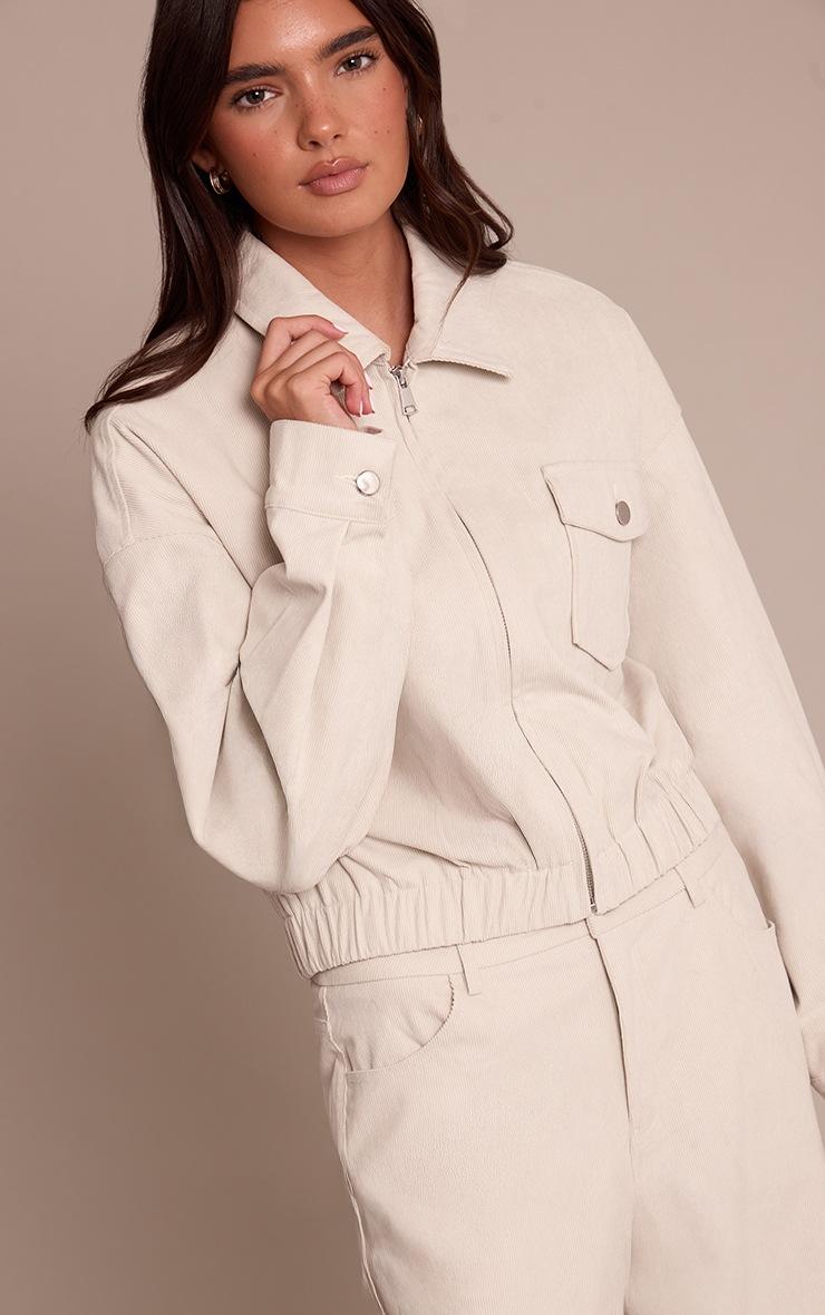 Pretty Little Thing Ecru Cord Cropped Zip Jacket