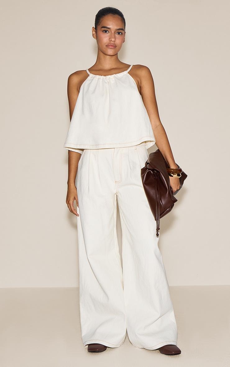 Pretty Little Thing Ecru Pleated Wide Leg Jeans