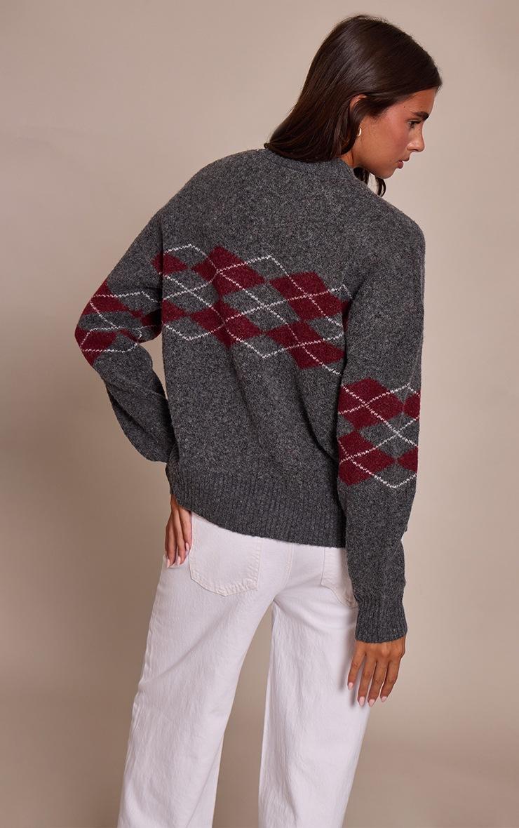Pretty Little Thing Grey Argyle Crew Neck Sweater