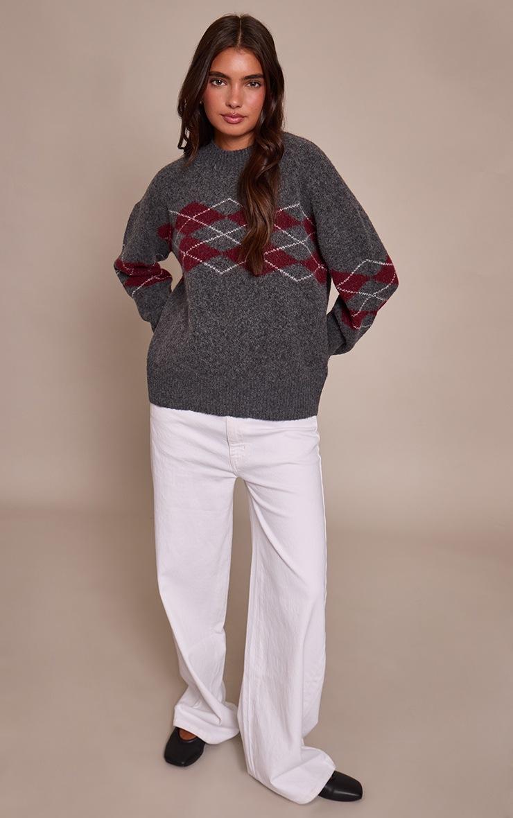 Pretty Little Thing Grey Argyle Crew Neck Sweater