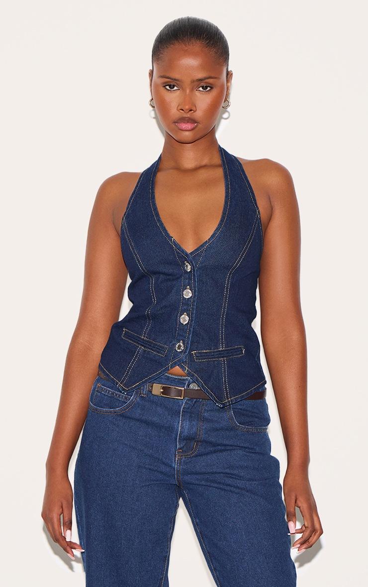 Pretty Little Thing Indigo Halterneck Denim Vest