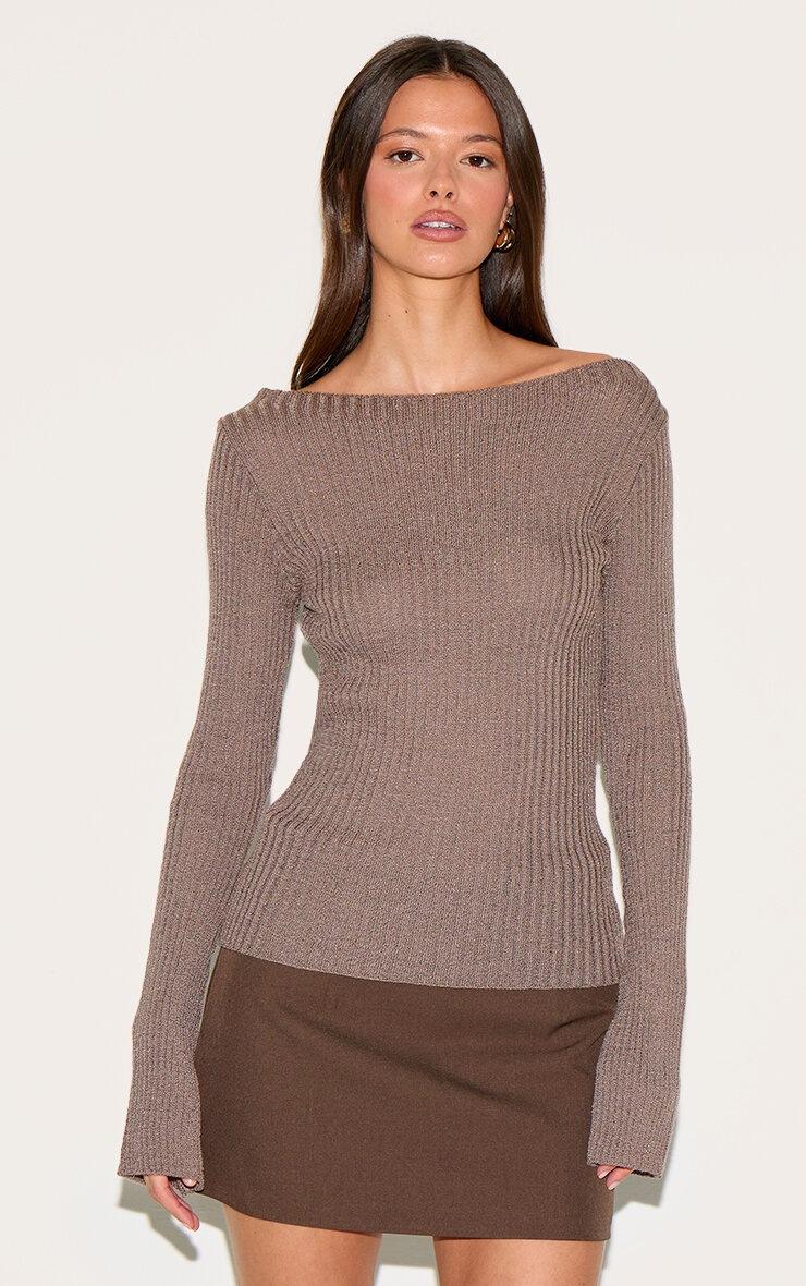 Pretty Little Thing Mocha Rib Knit Long Sleeve Top