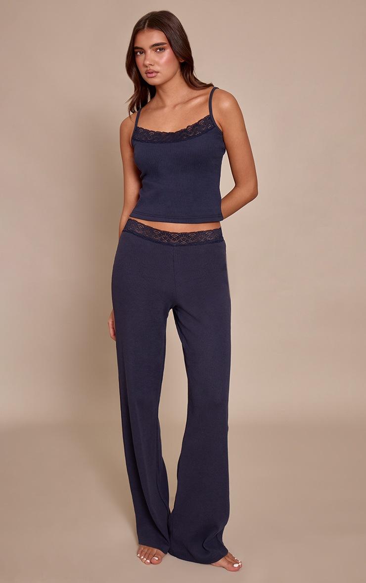 Pretty Little Thing Navy Lace Trim Wide Leg Pant