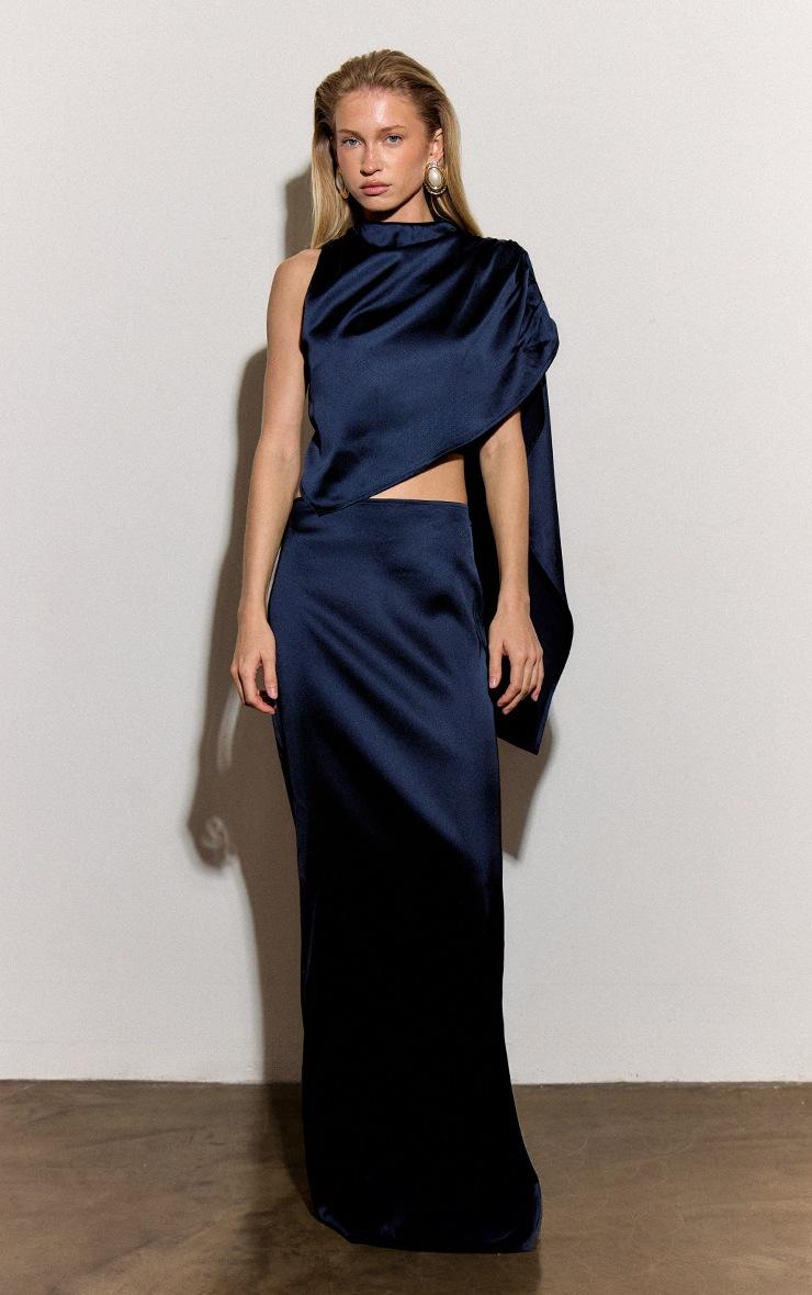 Pretty Little Thing Navy Satin Low Rise Maxi Skirt