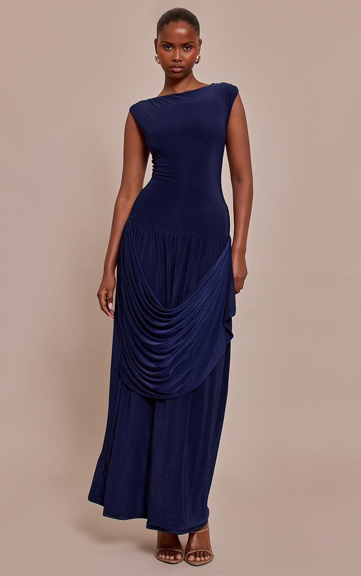Pretty Little Thing Navy Slinky Drape Maxi Dress