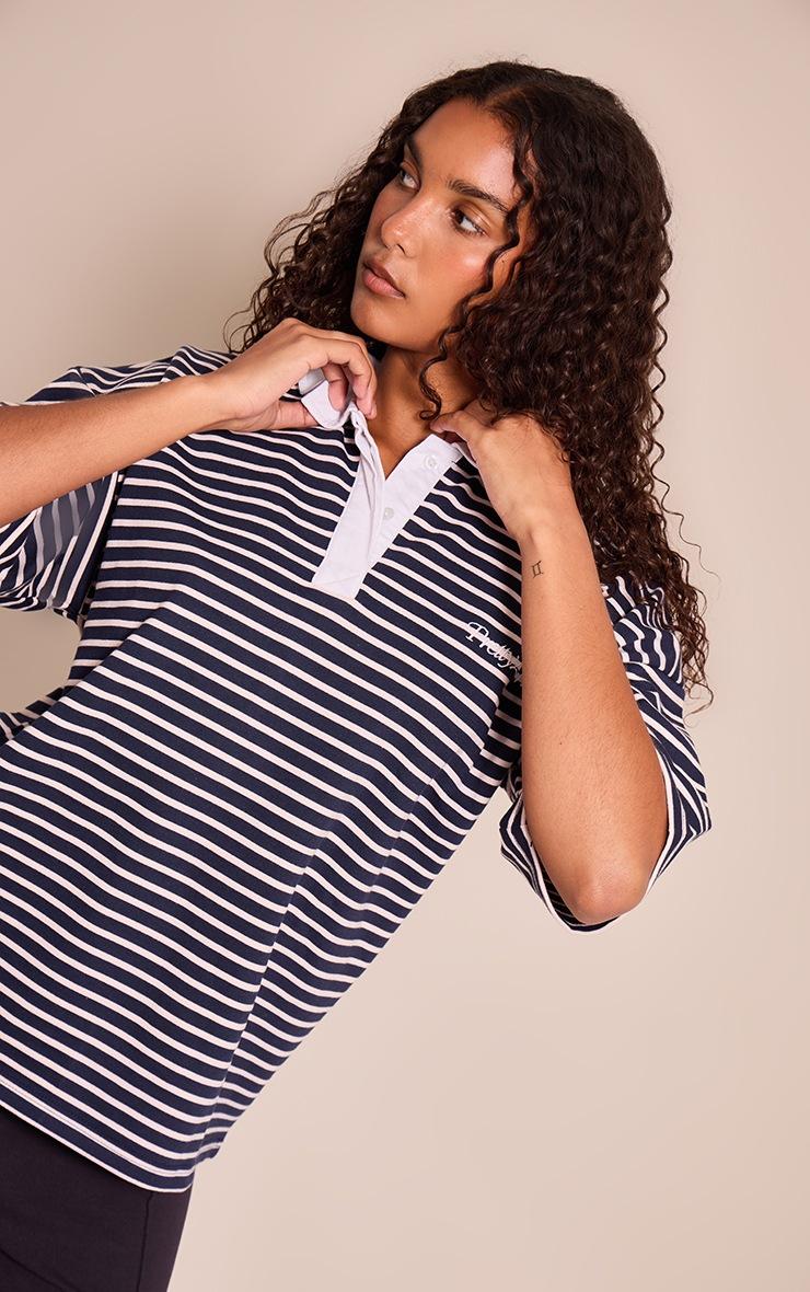 Pretty Little Thing Navy Striped Polo Tshirt