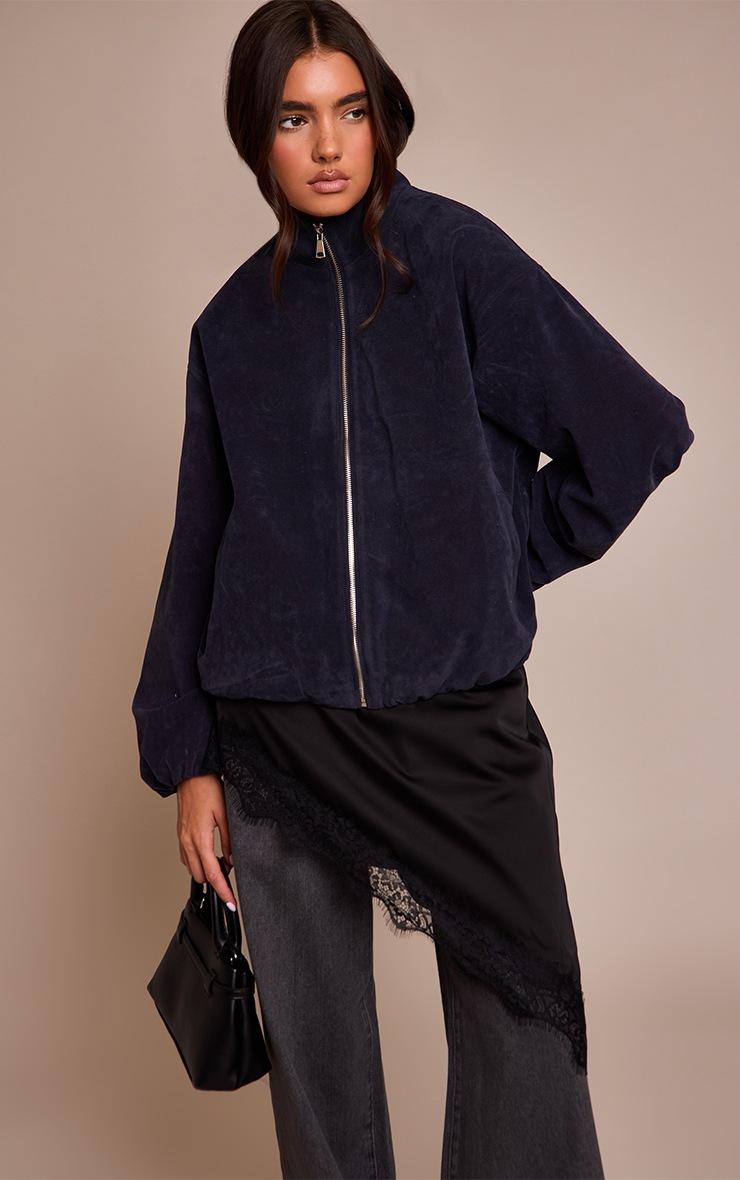 Pretty Little Thing Navy Suede Bomber Jacket