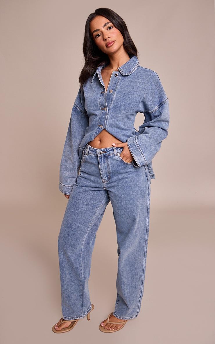 Pretty Little Thing Petite Mid Blue Wide Leg Jeans