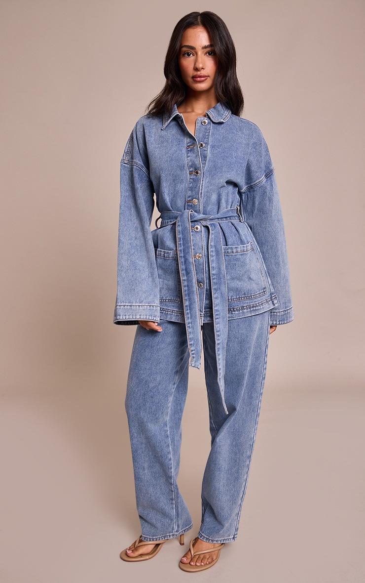 Pretty Little Thing Petite Mid Blue Wide Leg Jeans