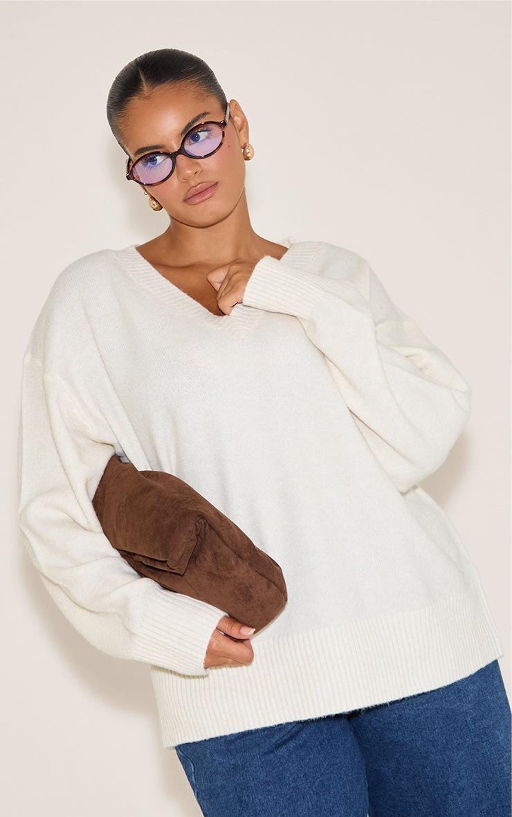Pretty Little Thing Plus Cream Knit V-neck Sweater