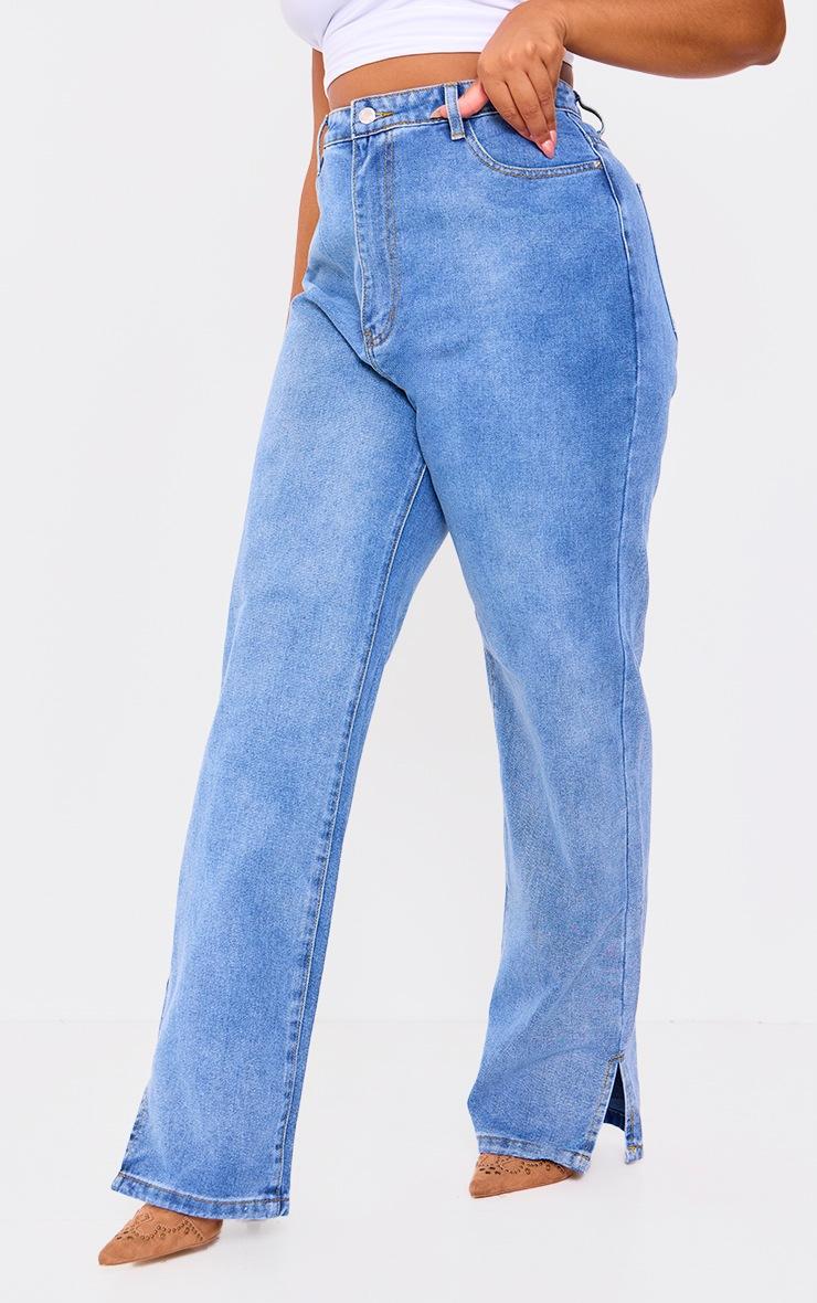 Pretty Little Thing Plus Mid Wash Split Hem Jeans